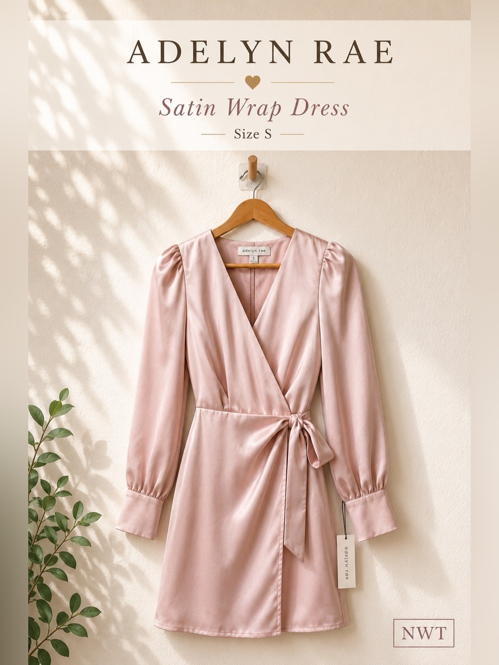 Adelyn Rae Satin Wrap Dress Blush Pink Long Sleeve Size S NWT